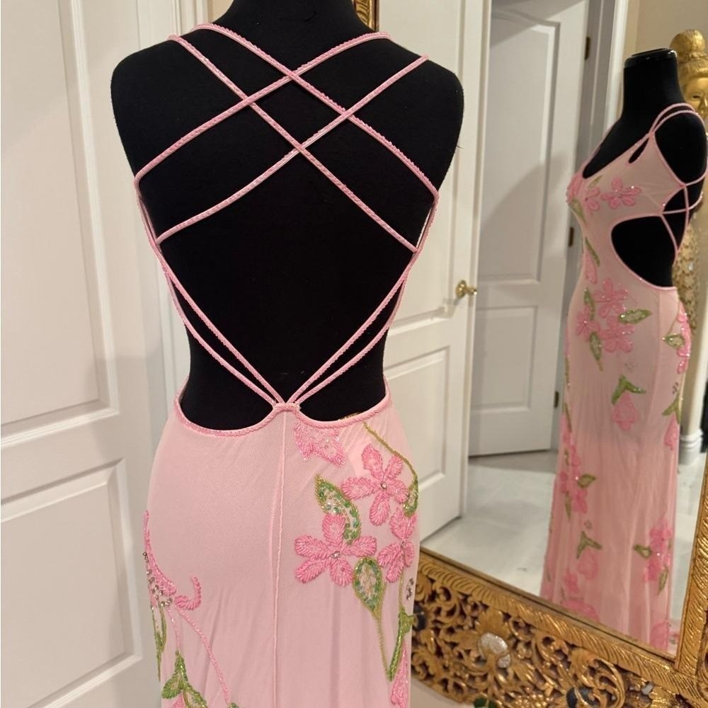 Elegant Pink Floral hand beaded Attitudes by Debra formal gown