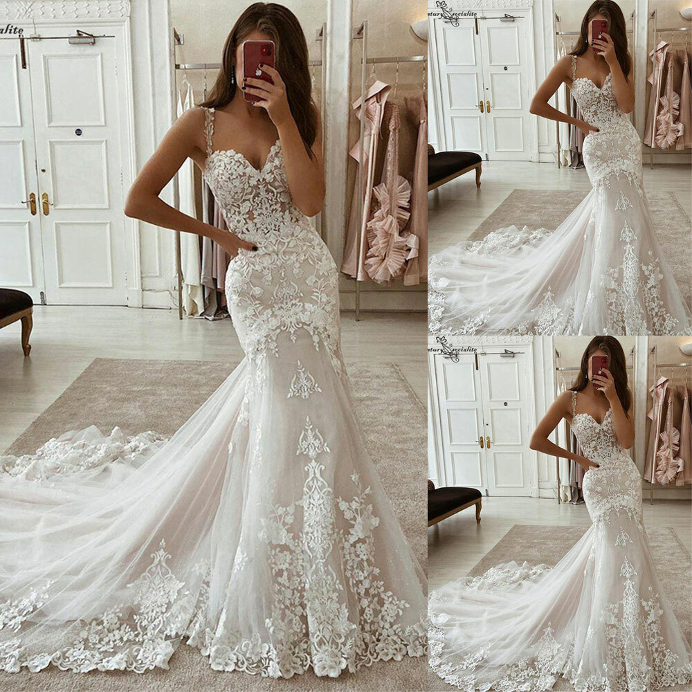 Mermaid Sweetheart Wedding Dresses Lace Applique With Strap Chapel Train Custom