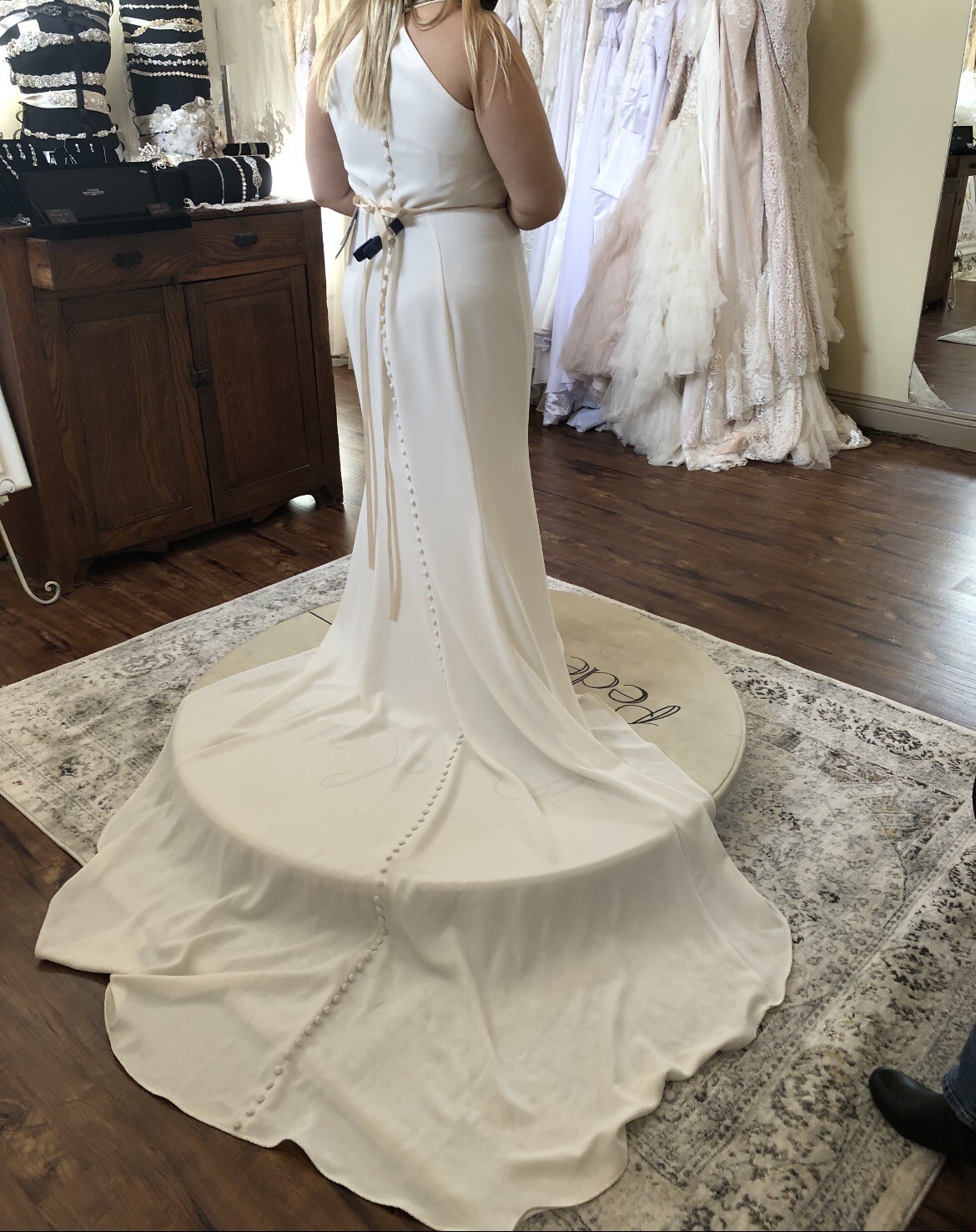 Nouvelle Amsale “Audrey” New Ivory Crepe Racerback Wedding Gown with Buttons