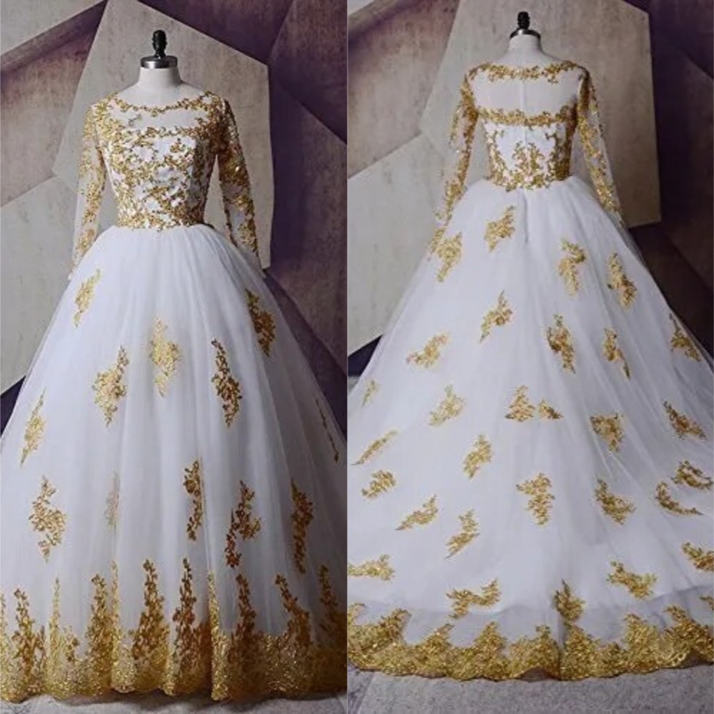 Exquisite Ball Wedding Dresses Long Sleeves Illusion Gold Lace Applique Gowns