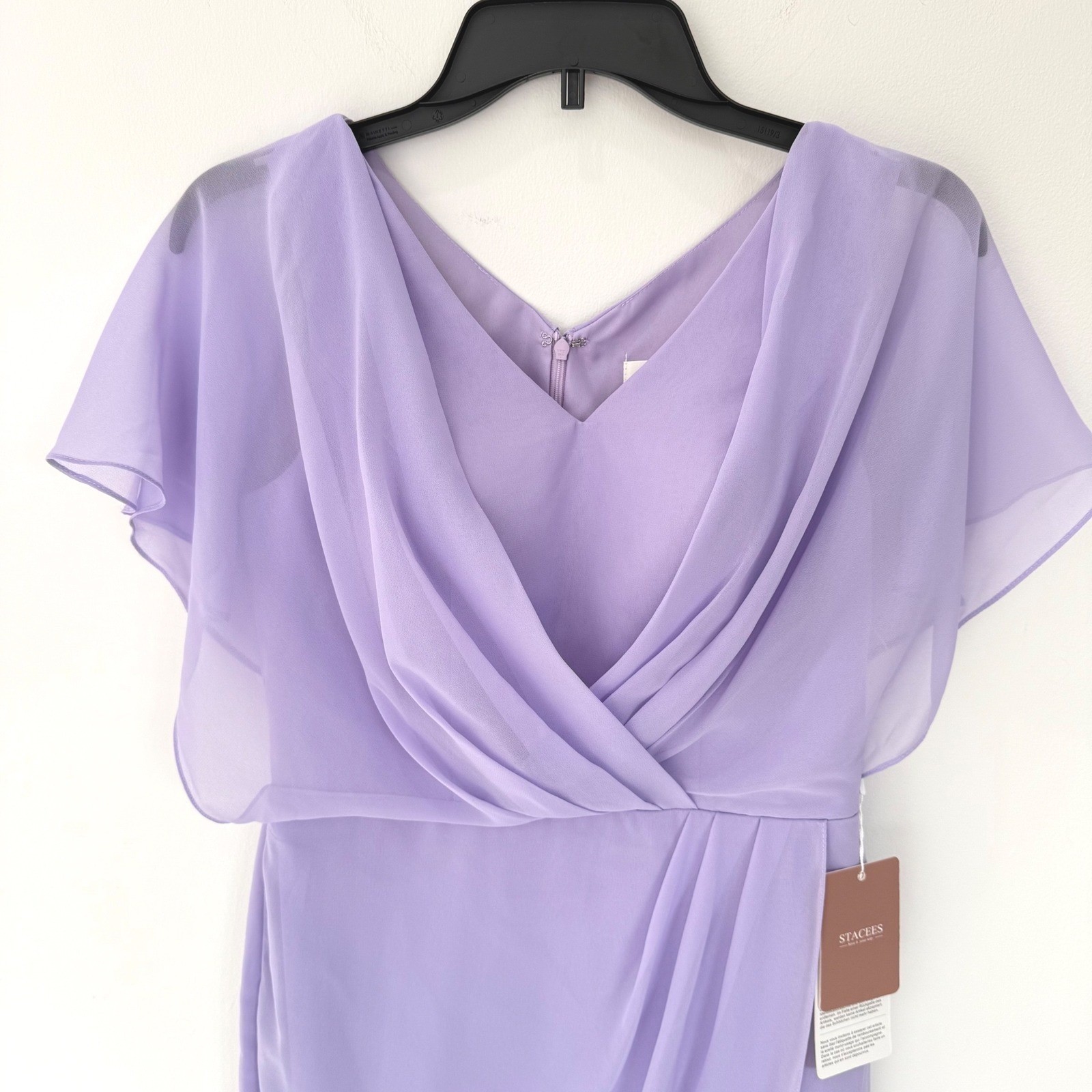 NWT STACEES Lilac Chiffon Draped Midi Dress Wedding Guest size 0 Mother Of Bride