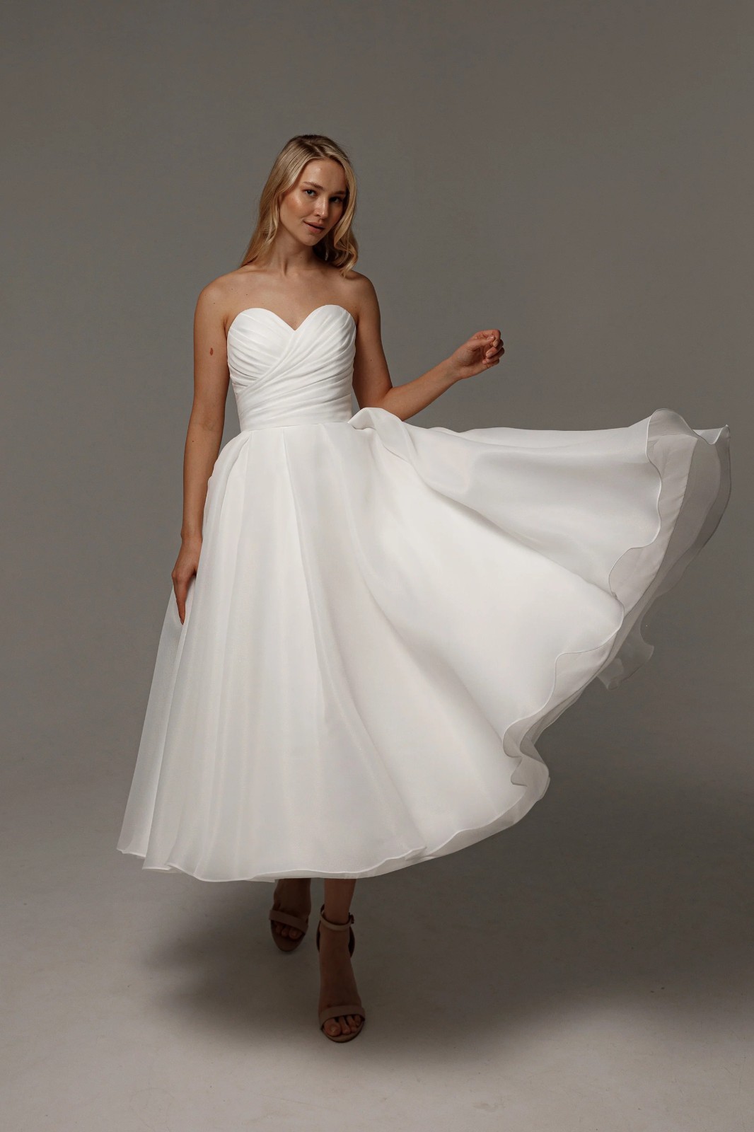 Ruched Short Organza Wedding Dress Civil Service Dress Off Shoulder Plain 32-60