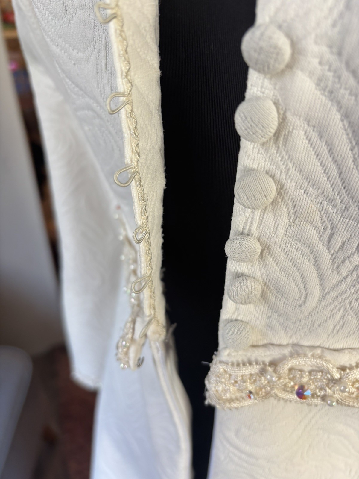 Vintage MCM 1960s Ivory Jacquard Wedding Dress bridal beaded Lace bell sleeves