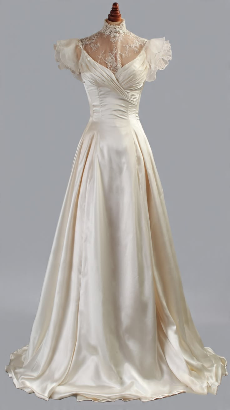 Satin Wedding Dresses Champagne High Neck Cap Sleeves Sweep Train Bridal Gowns