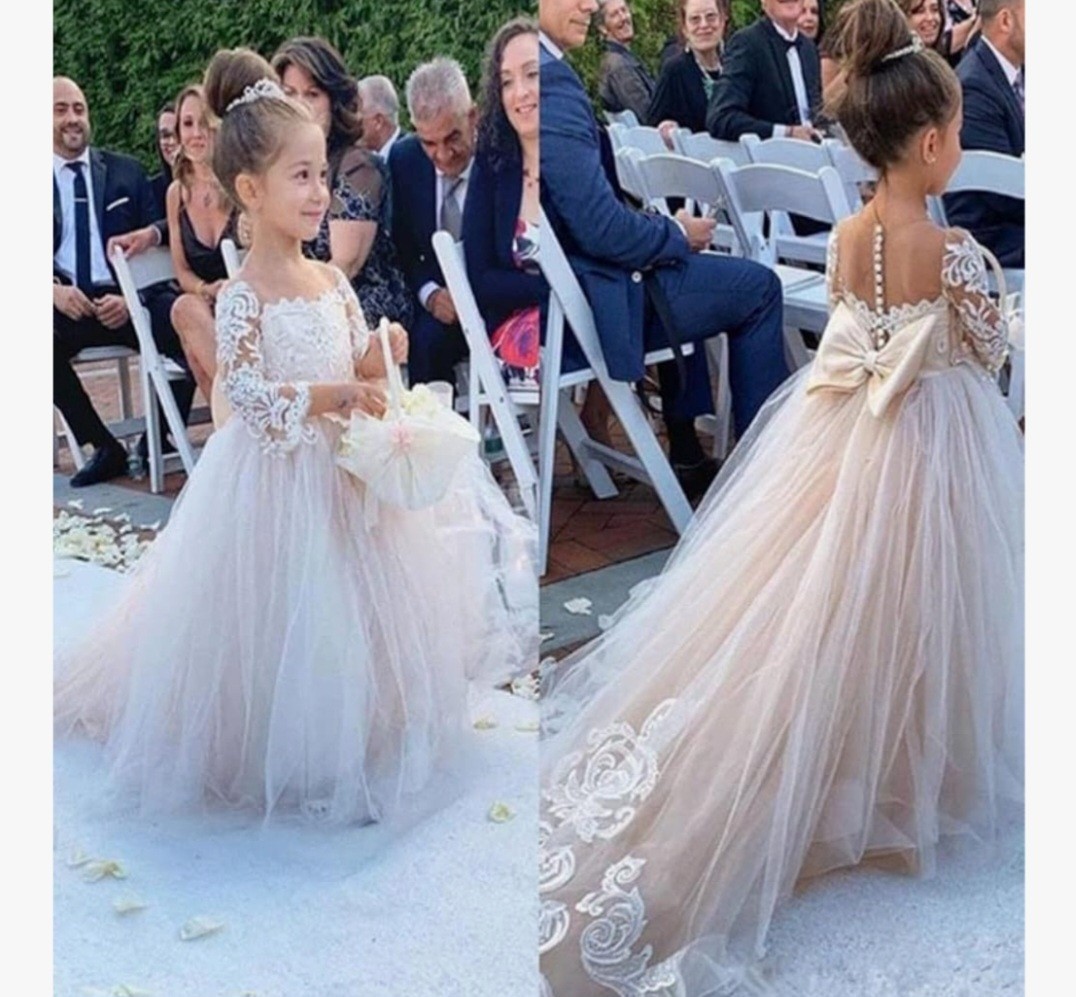 Lace Embroidery Sheer Long Sleeves Kids Princess Trailing Gowns Size3-4 Kids