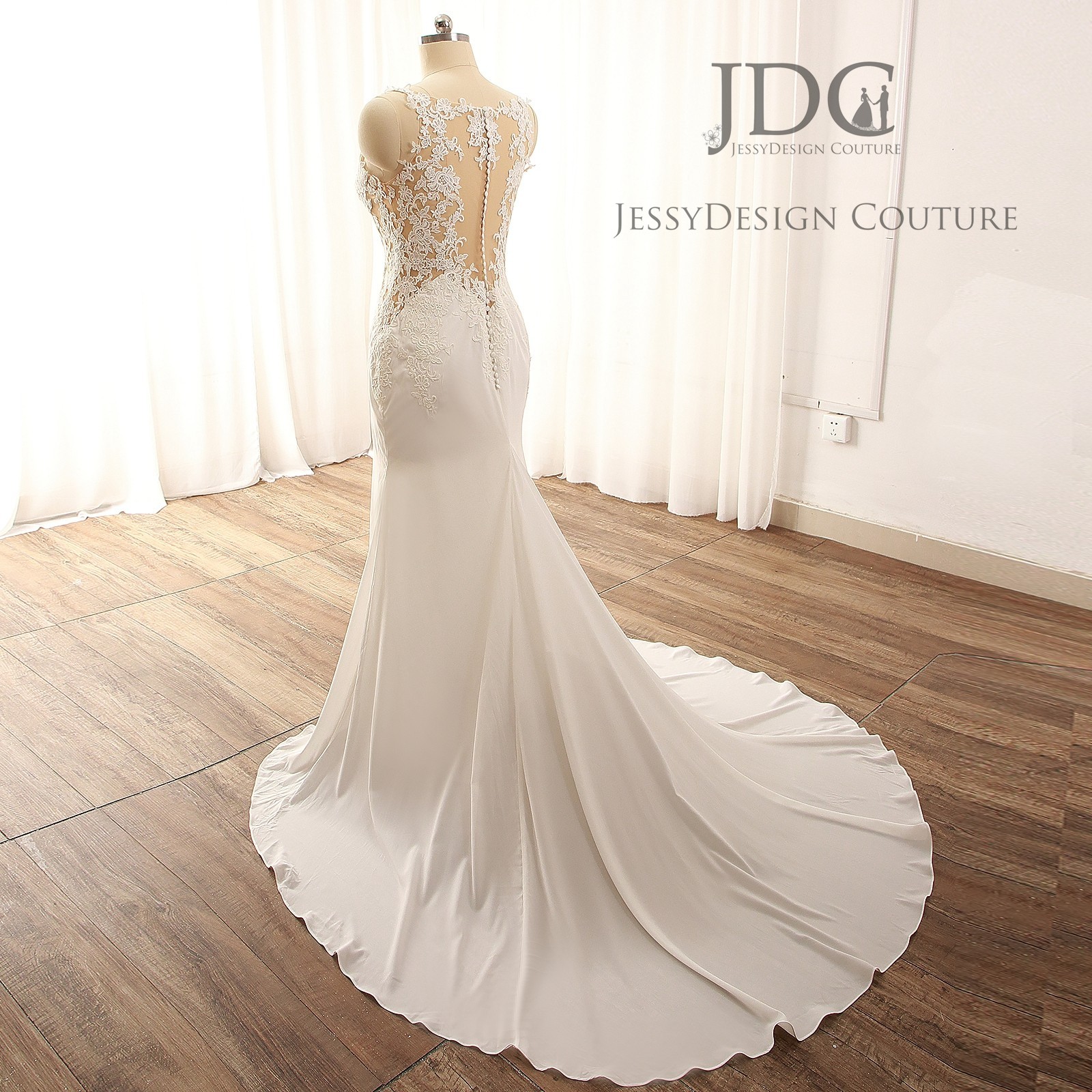 Summer fit flare crepe mermaid wedding dress wedding dress with tulle train