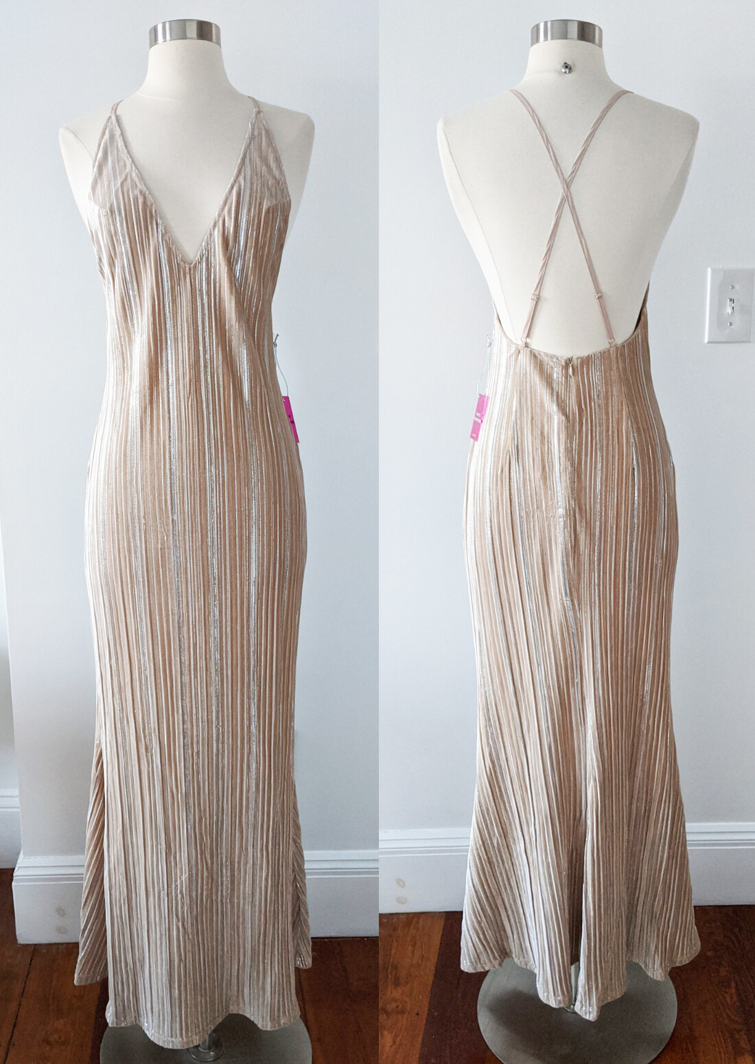Champagne Beige Nude Metallic V-neck Dress Gown size MEDIUM Wedding Bridal Bride