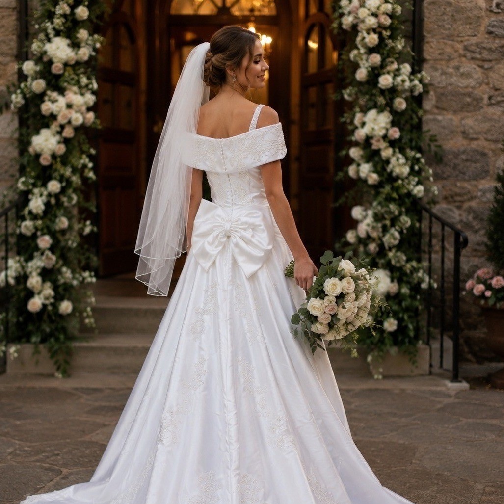 Vintage Mori Lee White Beaded Bow Wedding Dress Size 12 Off The Shoulder V Neck