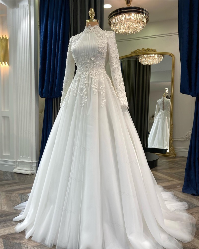 Muslim Wedding Dresses White Long Sleeves High Neck A Line Lace Bridal Gowns