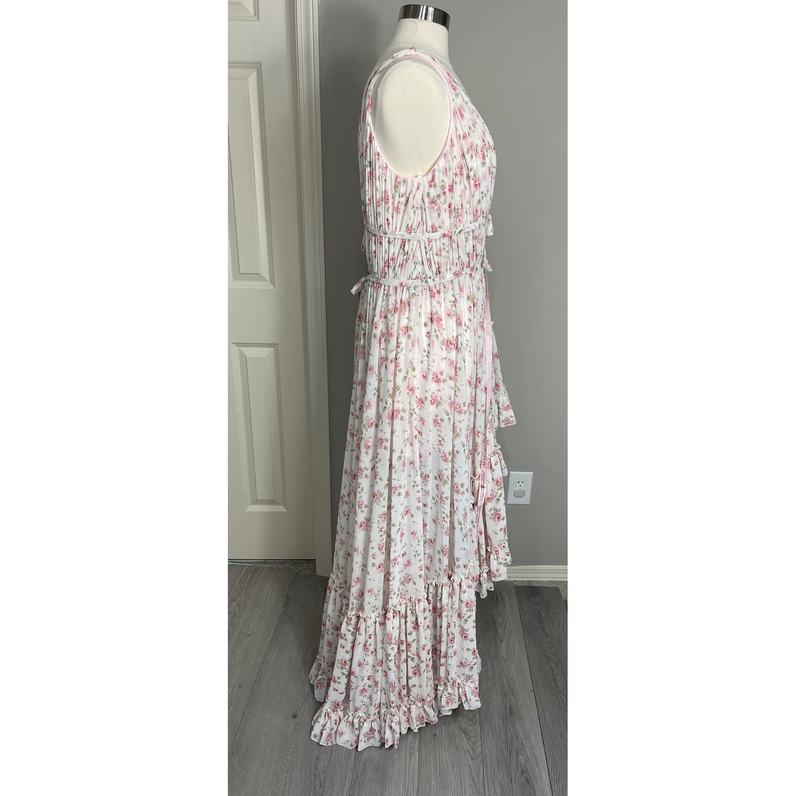 Mac Duggal 50659 Pink Floral Maxi Dress Ruffle Tiered Plunge Formal Dress