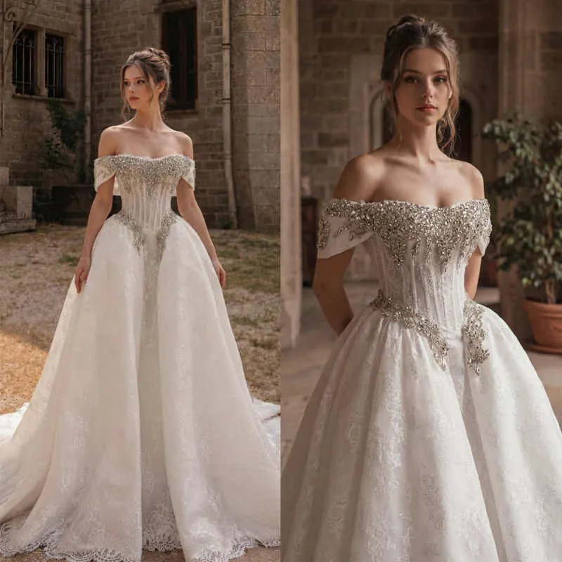 Luxury A-Line Wedding Dresses Off Shoulder Lace Crystals Appliques Brida Gowns