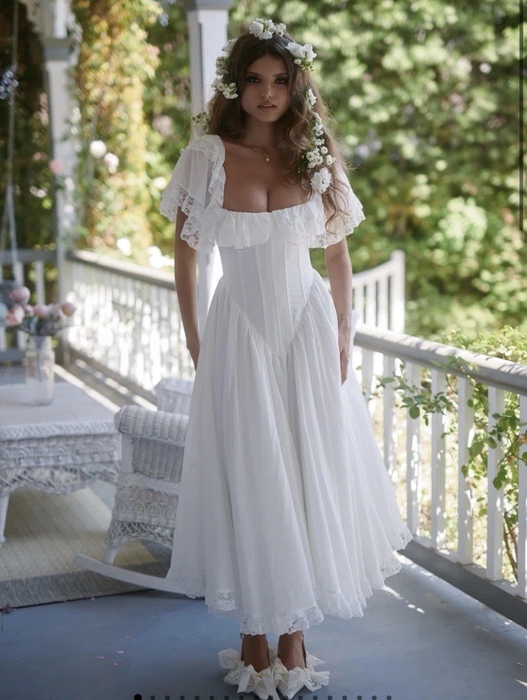 Vintage Midi Wedding Dress Square Neck Ruffle Short Sleeve Boho Lace Bridal Gown
