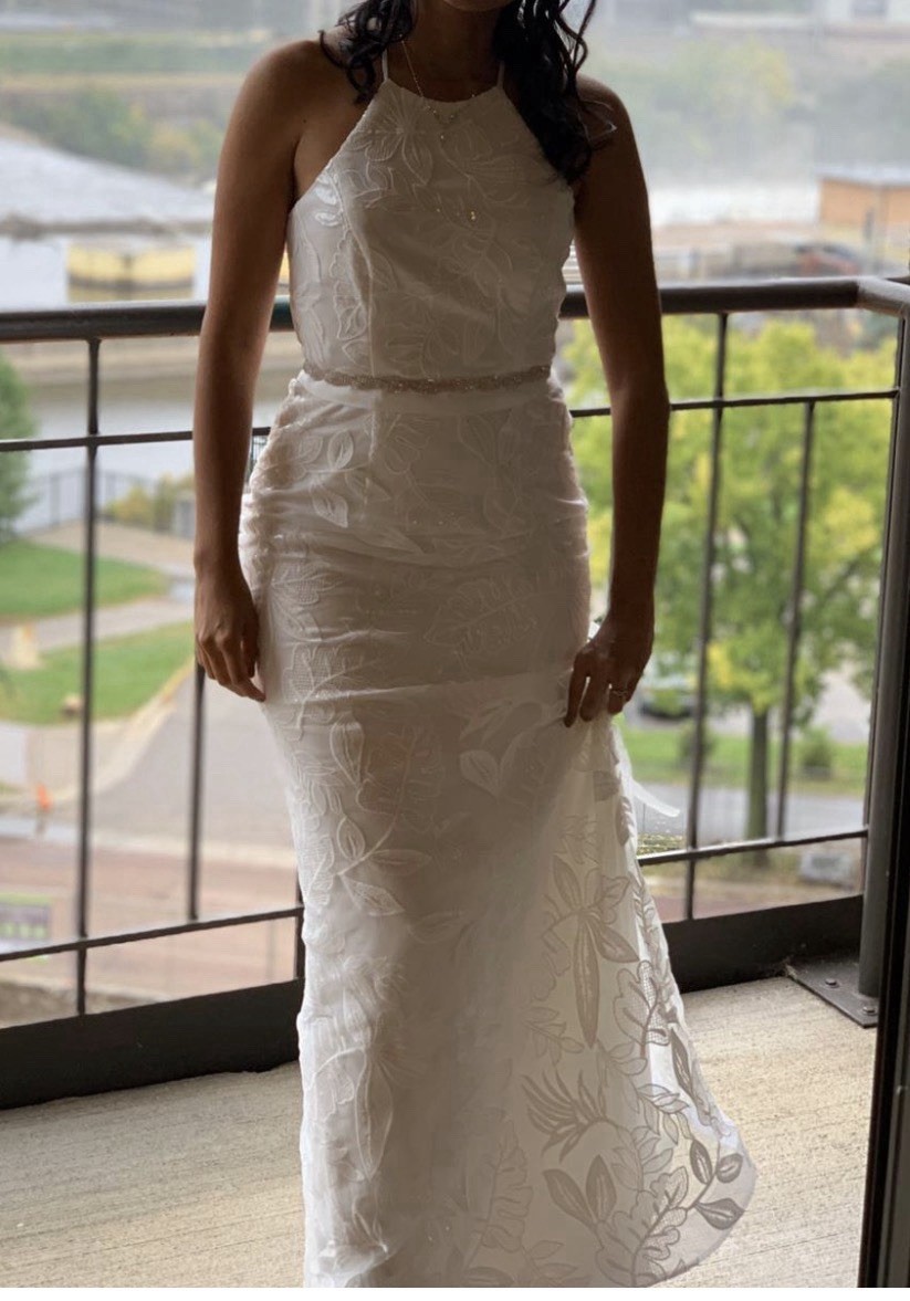 db studio White Halter Neck Lace Beaded Column Sheath Full-Length Dress 4
