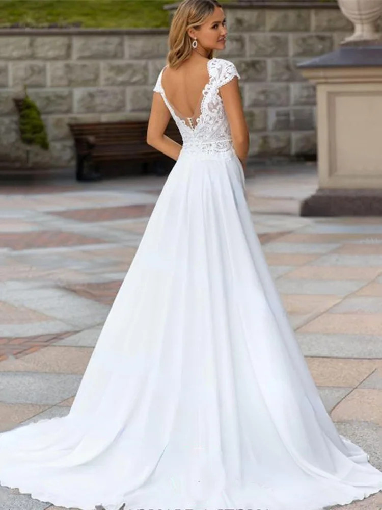 Boho Lace Chiffon V-Neck Wedding Dresses Backless Beach Cap Sleeve Sweep Train