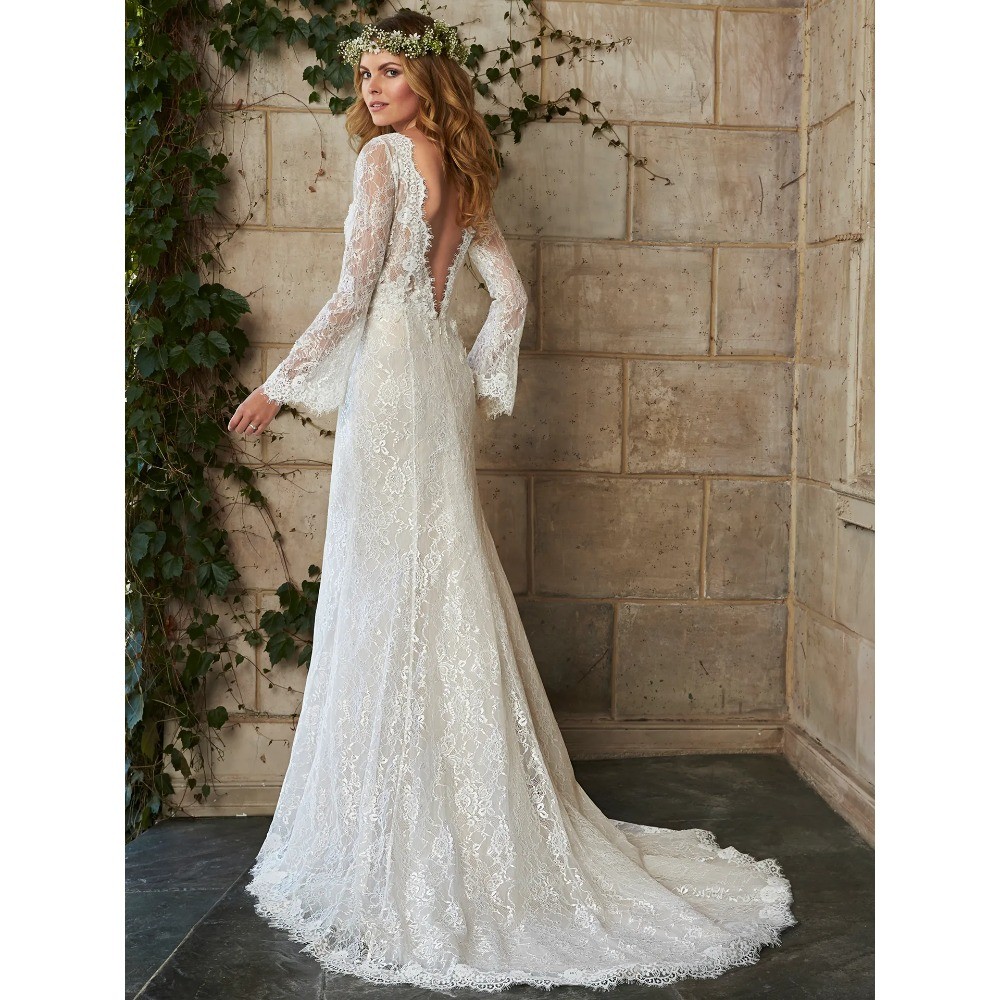 White 3D Flower Lace Mermaid Backless Wedding Dresses V Neck Applique BridalGown