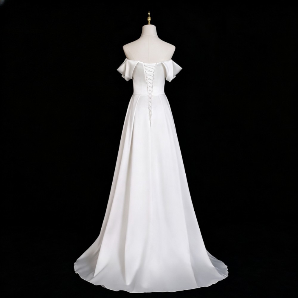 Off Shoulder Satin Wedding Dresses Floor Sweep Train Elegant Bridal Gowns Custom