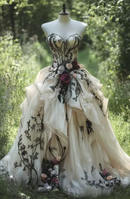 Medieval Vintage Wedding Dresses Lace Tulle Applique 3D Flower Marriage Draped