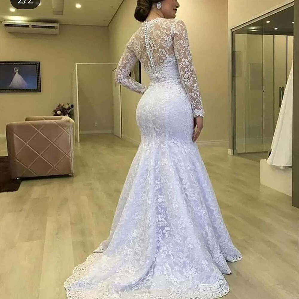 Vintage Mermaid Lace Wedding Dresses White Long Sleeves Scoop Neck Bridal Gowns