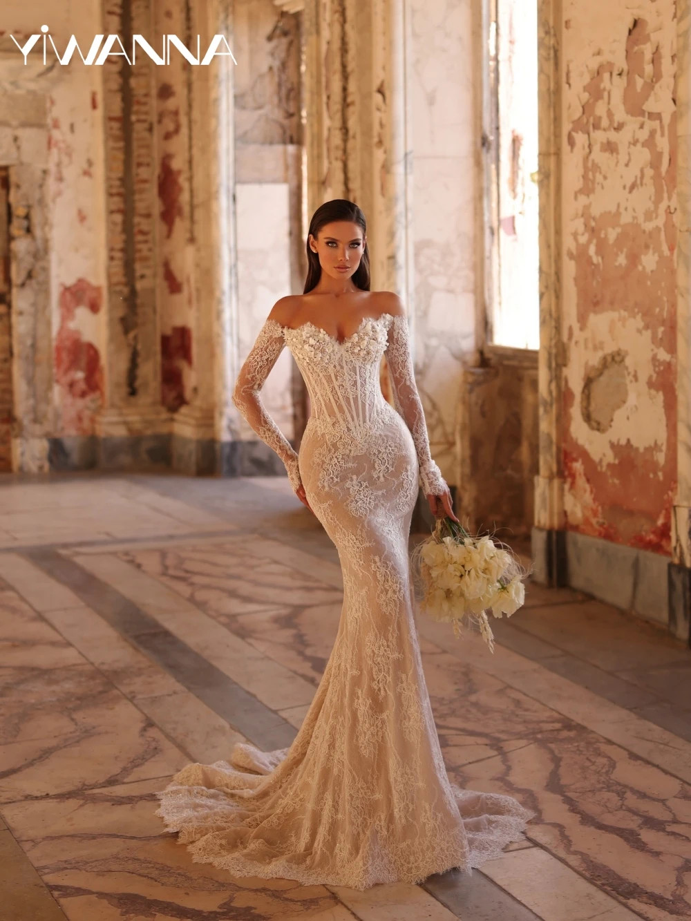 Shiny Pearls 3D Flower Lace Mermaid Wedding Dress Vneck Off Shoulder Bridal Gown