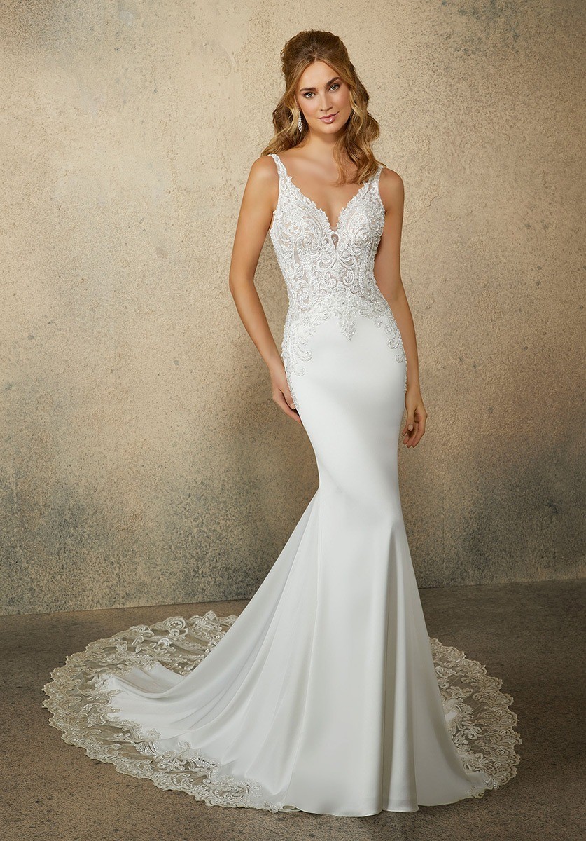 Morilee Bridal 2072L Raya Satin Fit and Flare Wedding Dress Lace Train Ivory
