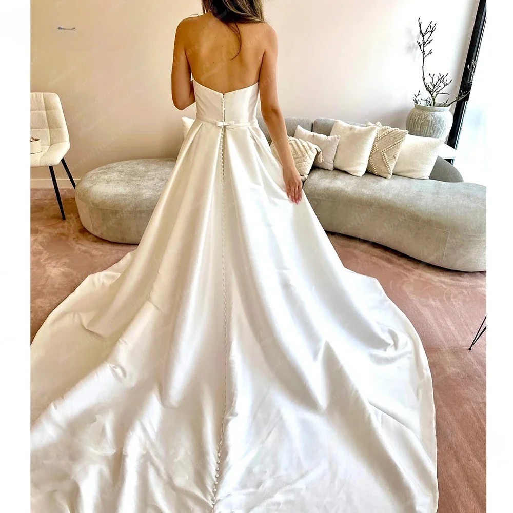 Strapless Satin A-Line Wedding Dress Side Slit Court Train Customized Robe