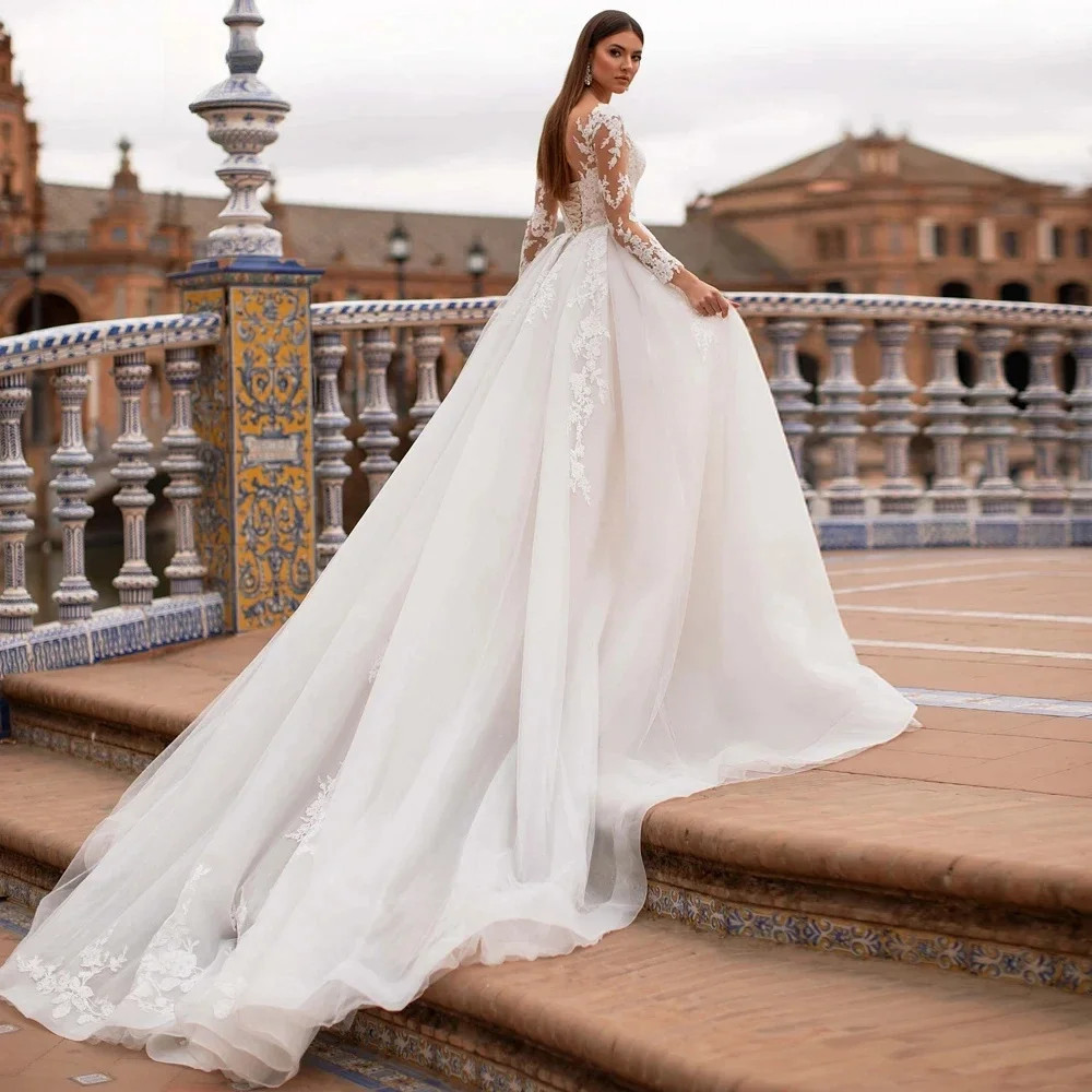 Long Sleeve Lace Sheer Back Tulle A-Line Wedding Dresses Bridal Gown With Train