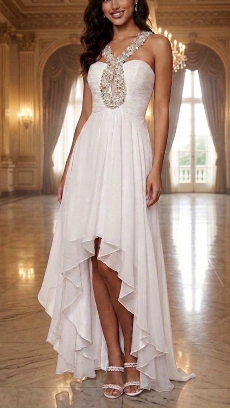 Sherri Hill 19662 High-Low Halter Beaded Chiffon Dress White/Gold Size 4