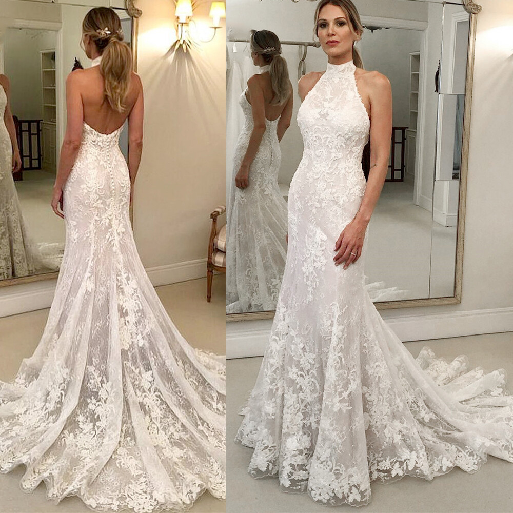 Beach Mermaid Wedding Dresses with Train Halter Neck Backless Bridal Dresses