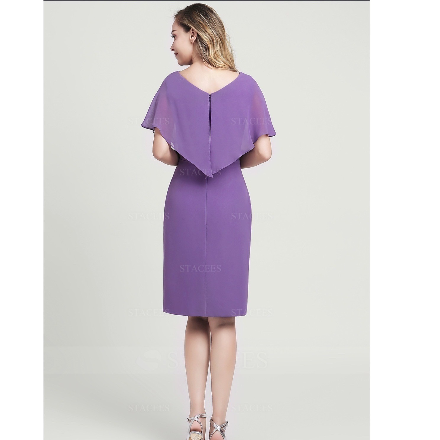 NWT STACEES Lilac Chiffon Draped Midi Dress Wedding Guest size 0 Mother Of Bride