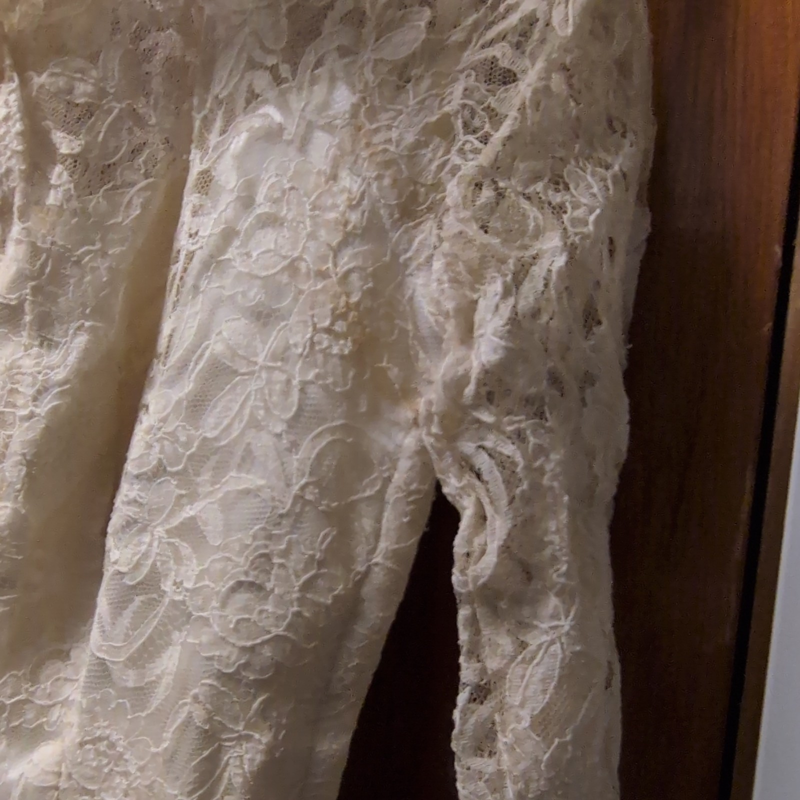 Vintage Ivory Lace Satin A-Line Wedding Dress Long Sleeve High Neck Button Back