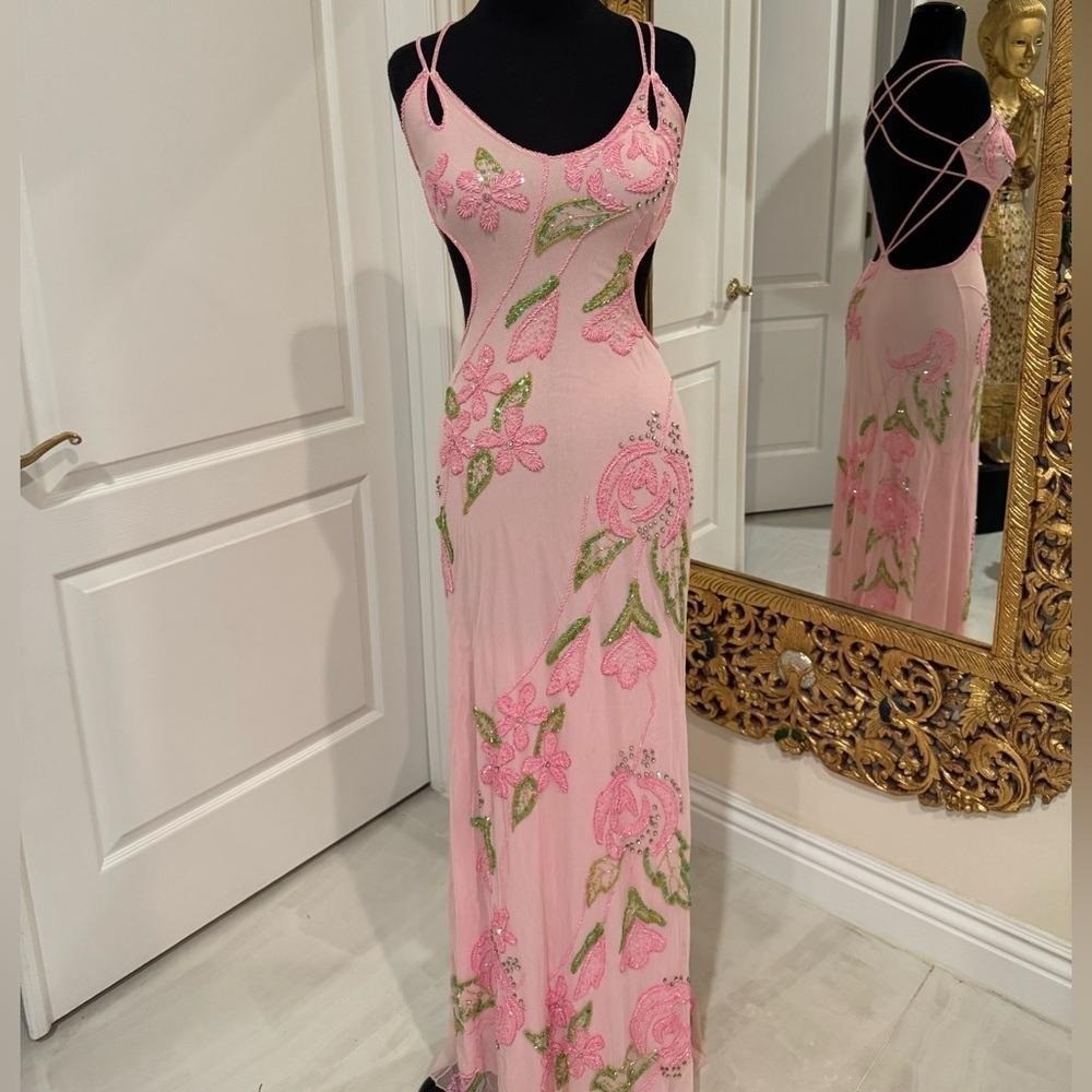 Elegant Pink Floral hand beaded Attitudes by Debra formal gown