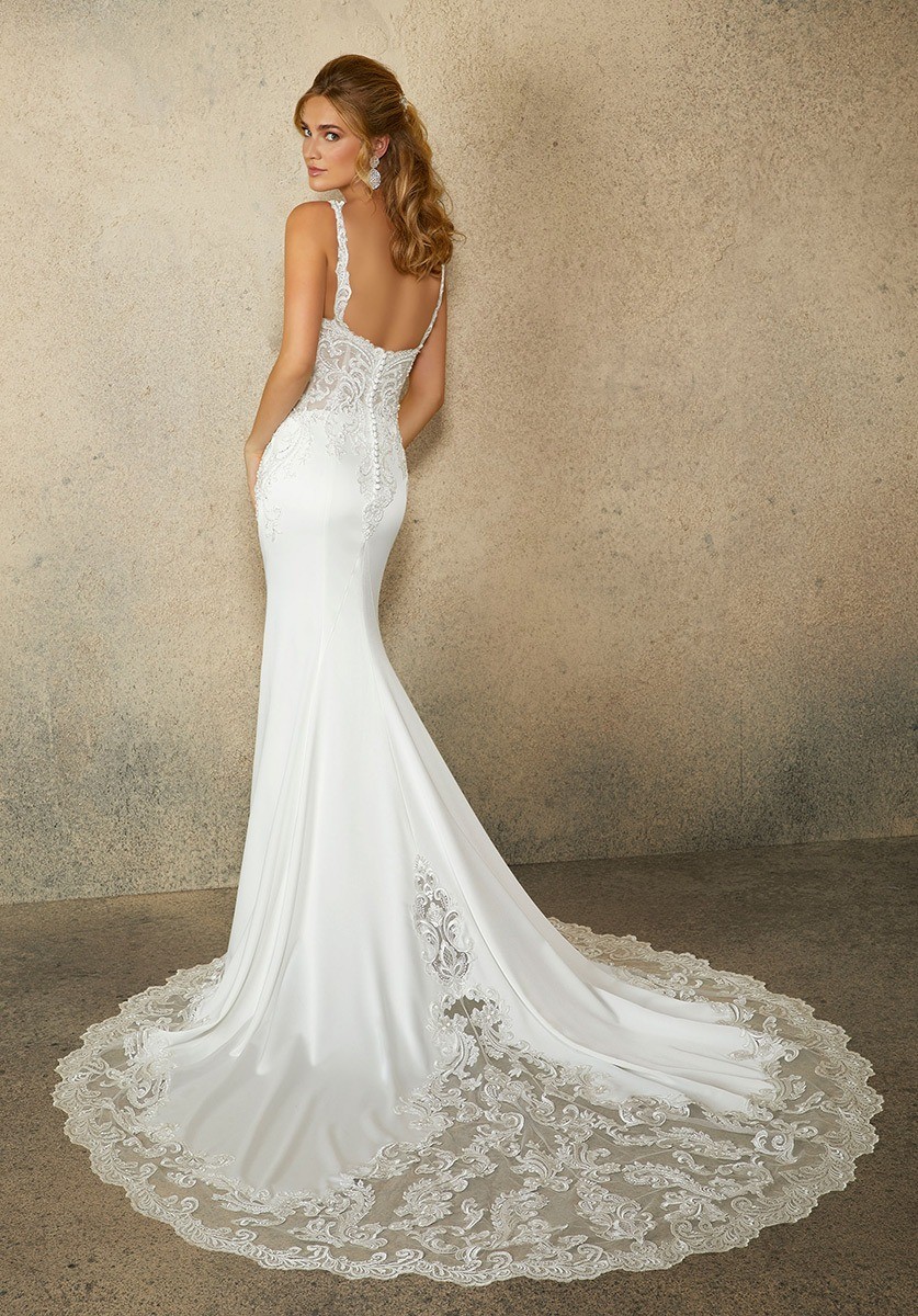 Morilee Bridal 2072L Raya Satin Fit and Flare Wedding Dress Lace Train Ivory