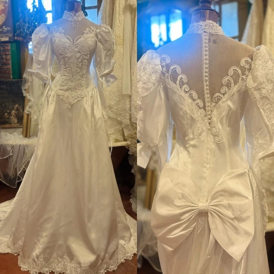 Victorian Satin Wedding Dresses High Neck Long Sleeves Bowed A Line Bridal Gowns