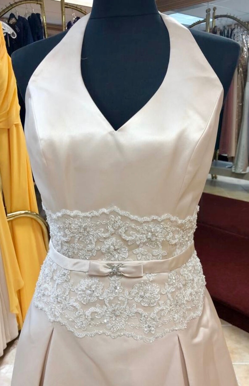 Unaltered Anjolique Wedding Dress Mocha Satin Lace Halter Neck A-Line Skirt Size