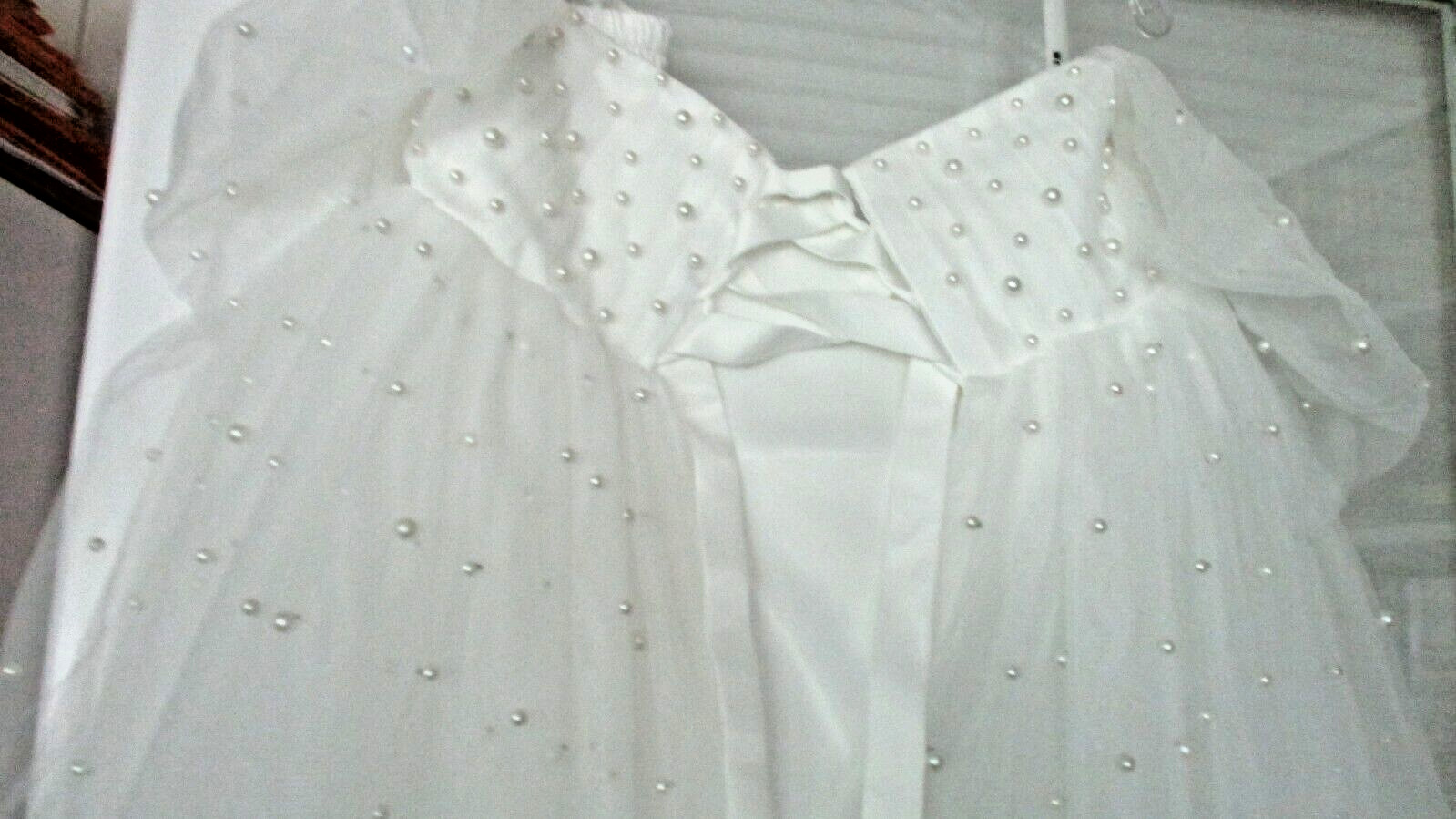 White PEARL TULLE MATERNITY OFF SHOULDER WEDDING DRESS ~ Womens 27~NWOT (tk)