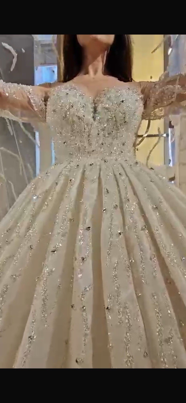 Ivory Lace Ball Gown Wedding Dress, Crystal Details, V Neck, Long Sleeve, Train