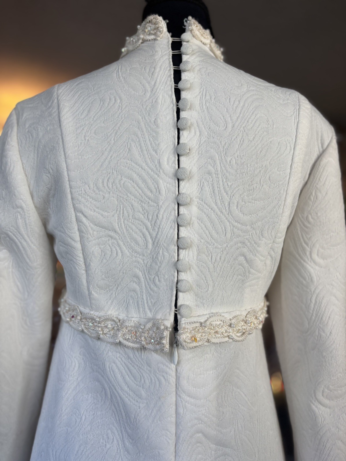 Vintage MCM 1960s Ivory Jacquard Wedding Dress bridal beaded Lace bell sleeves