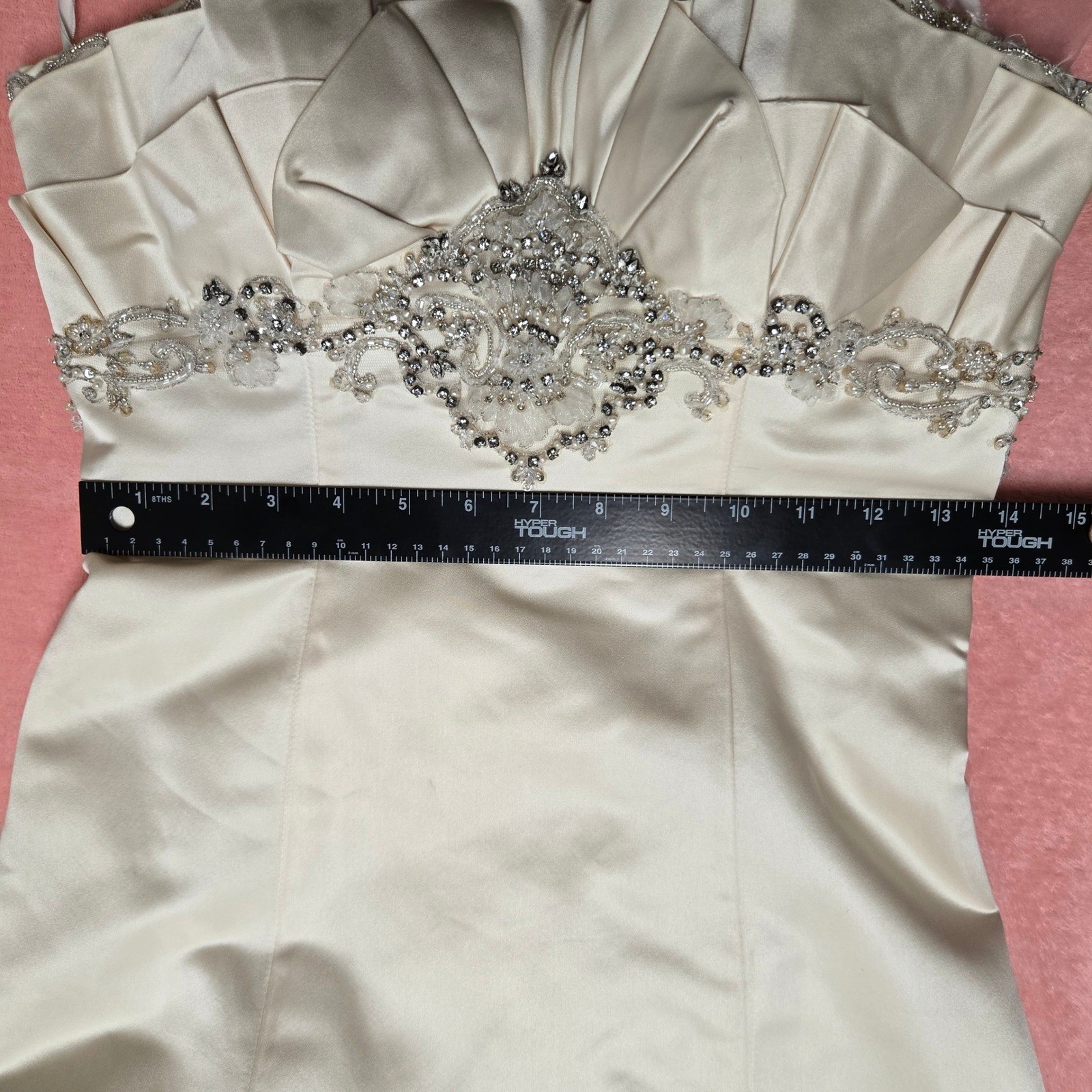 Casablanca Couture Wedding Gown Cream Satin Beaded Strapless Bridal Dress Train