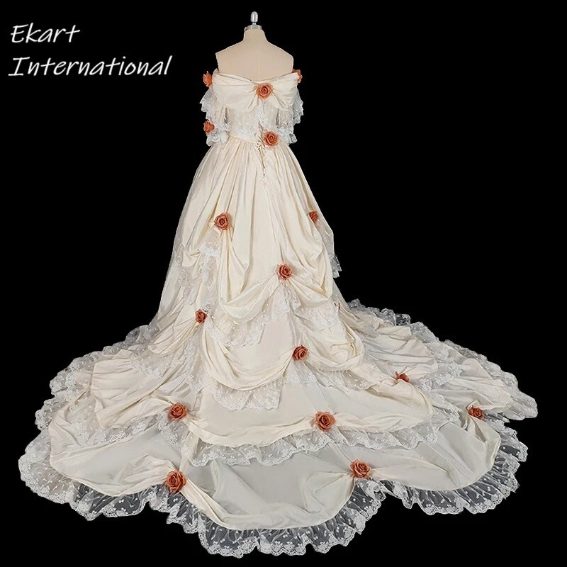 Vintage French white Satin orange rose v neck flower lace short flare sleeve