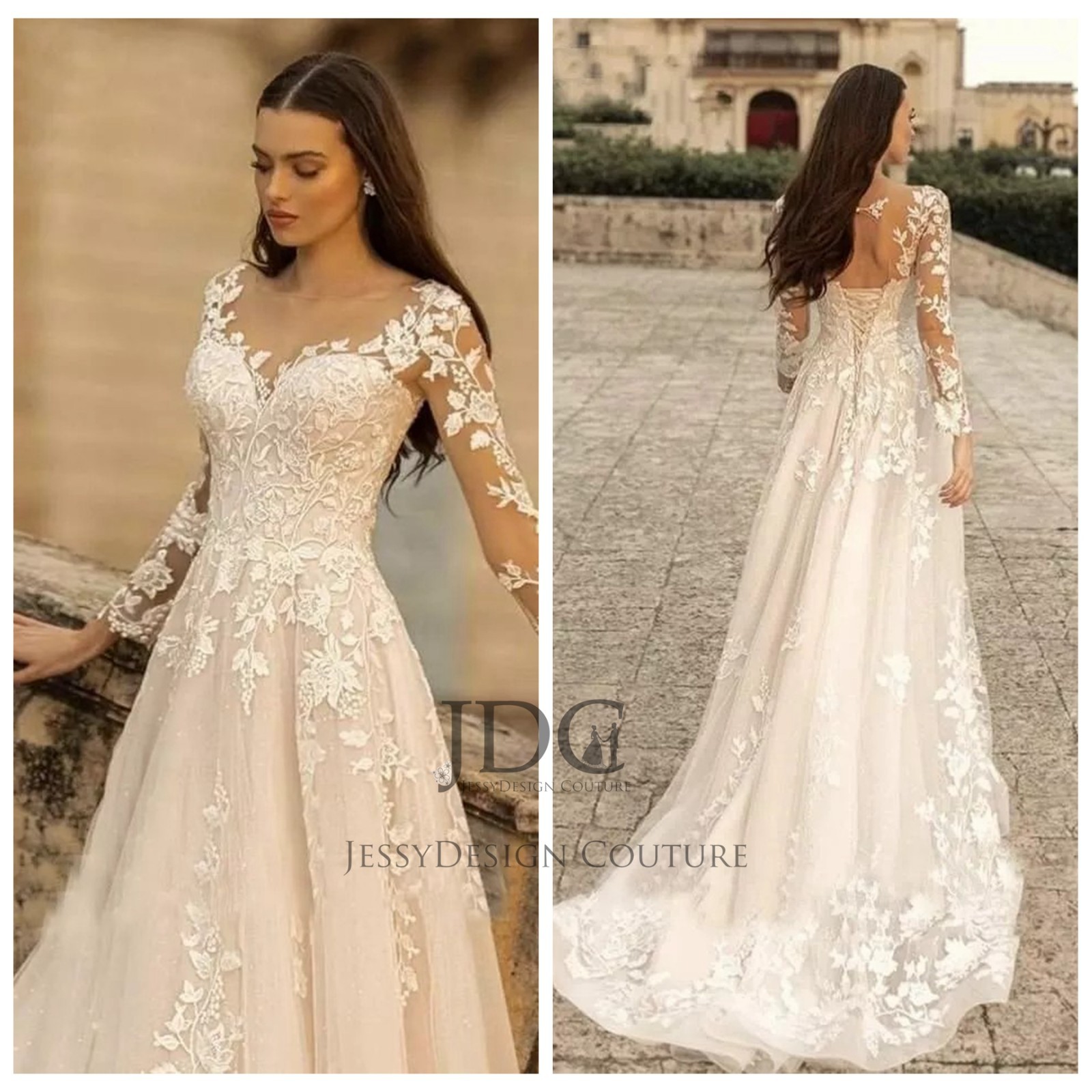 Ivory Long Sleeve Floral Lace Wedding Dress Wedding Dress 32-60 Lace Up A-Line Top