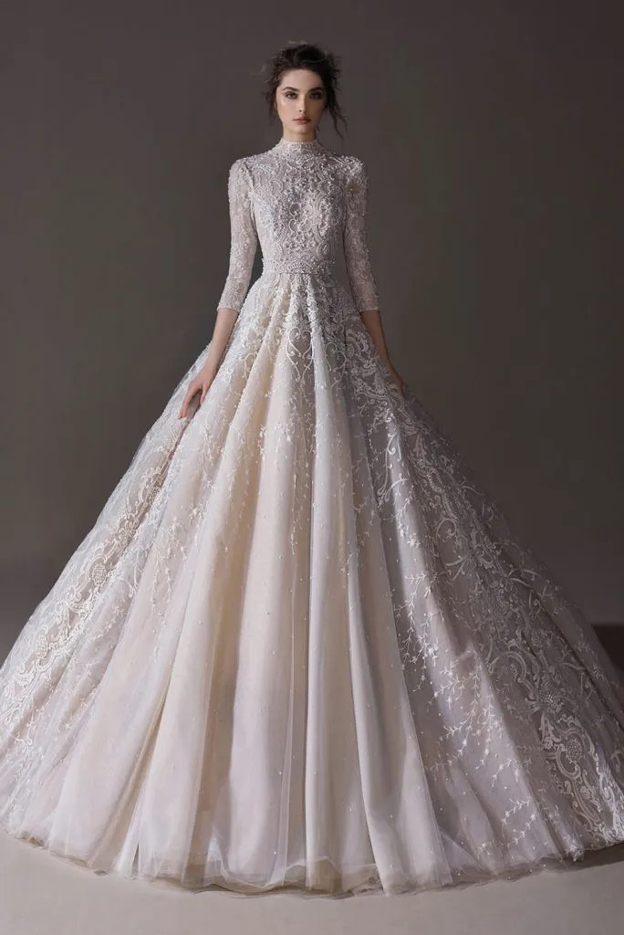 Exquisite A-Line Wedding Dress High Neck Long Sleeves Lace Applique Bridal Gowns