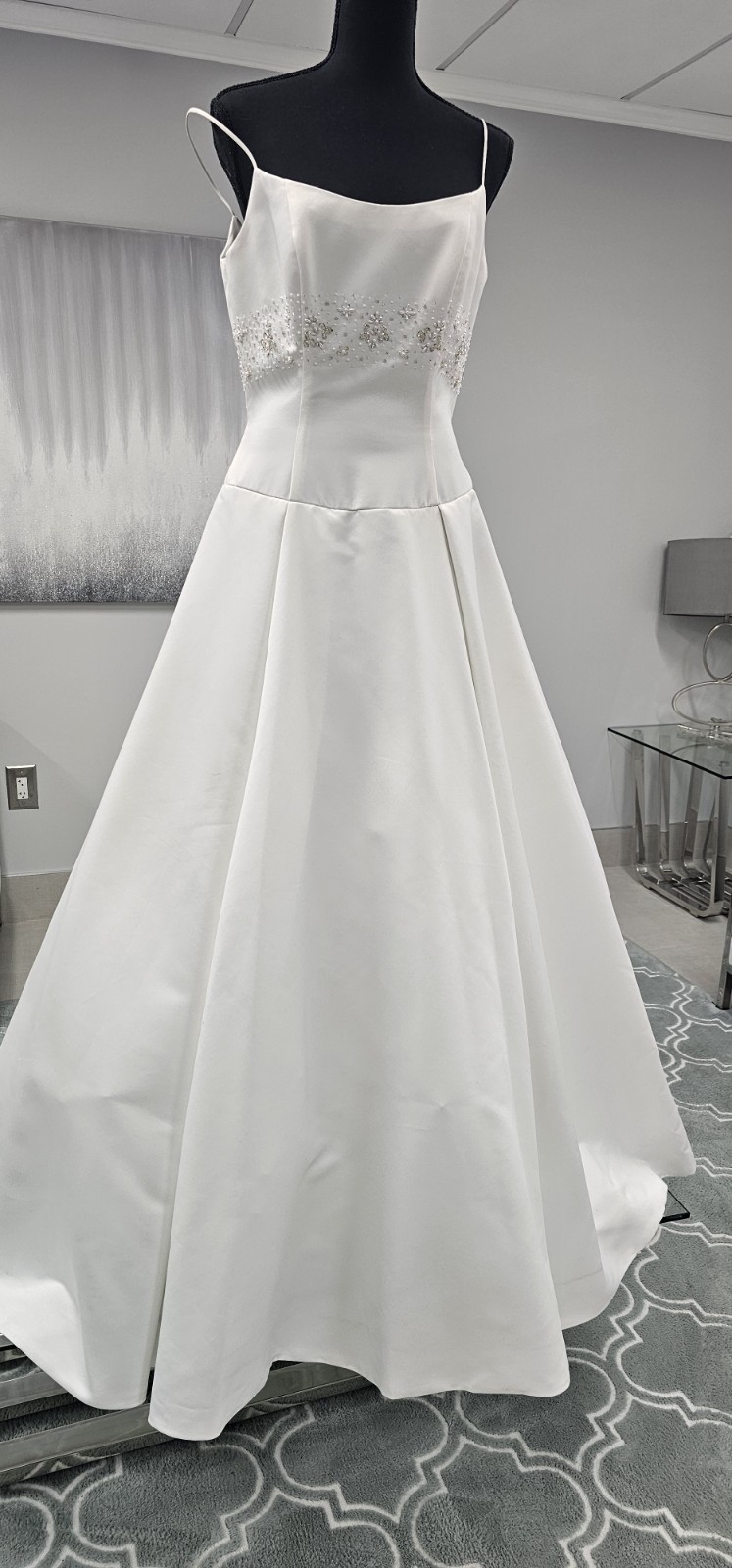 I-611 White Satin, Low Scoop Neckline, Box Pleats Floor Length Wedding Dress