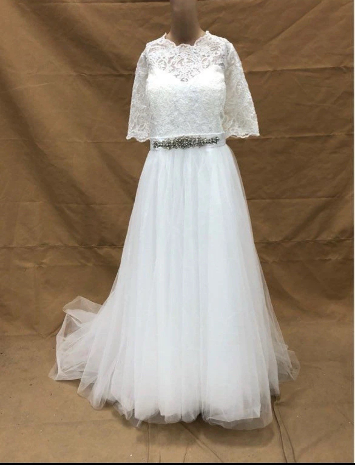 Bride Wedding Dress Plus Size 14W Modern Mingda Embellished Lace White Gown -NWT