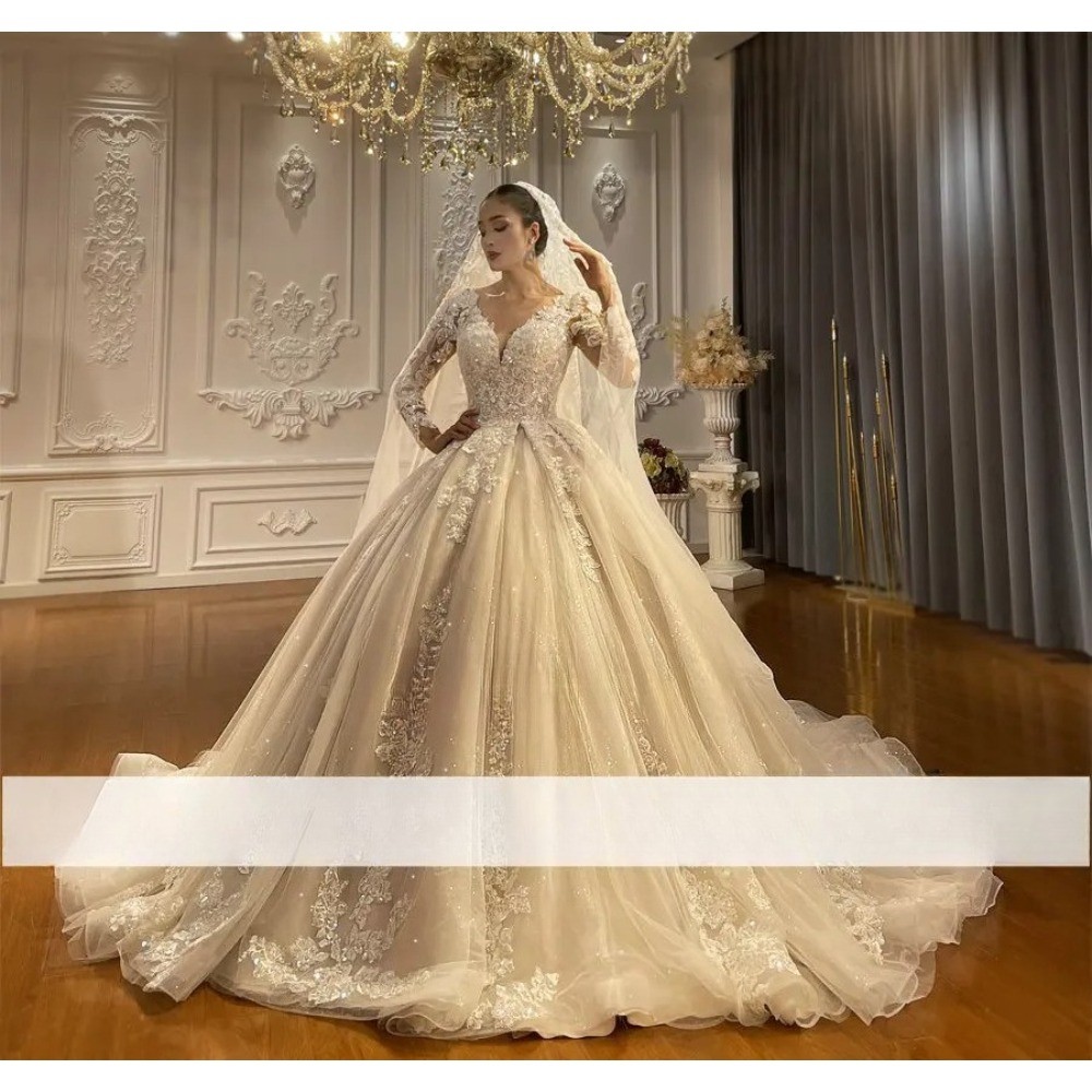 Long Sleeve V Neck Lace Ball Wedding Dresses Glitter Tulle Cathedral Train Gowns