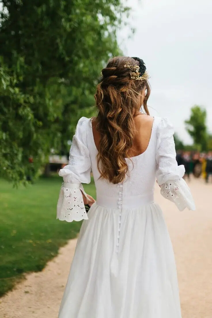 Elegant White Wedding Dresses Floral Sleeve Ruffle Tiered Lace Skirt Bridal Gown