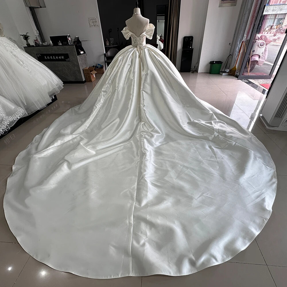 Off Shoulder Satin Beaded Ball Gown Wedding Dress Luxury Bridal Gown With Train