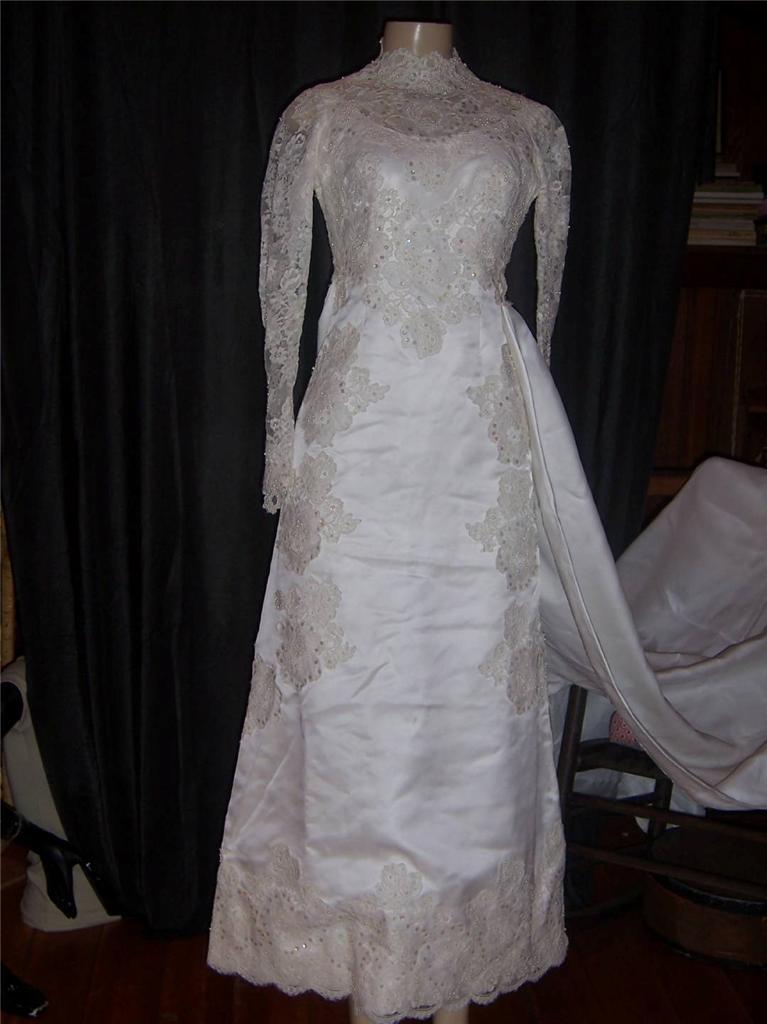White Satin and Lace Wedding Dress Pearl Beads Sequins with Trail Size 2