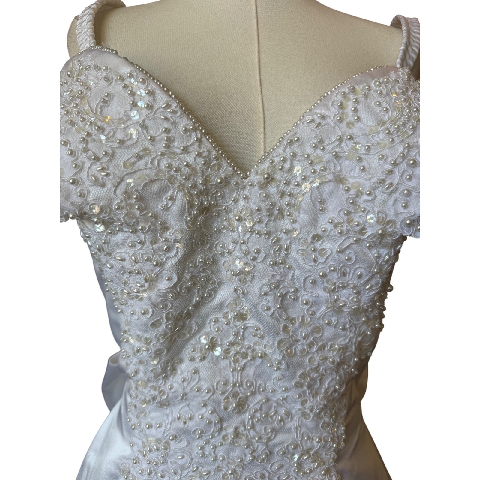 Vintage Mori Lee White Beaded Bow Wedding Dress Size 12 Off The Shoulder V Neck