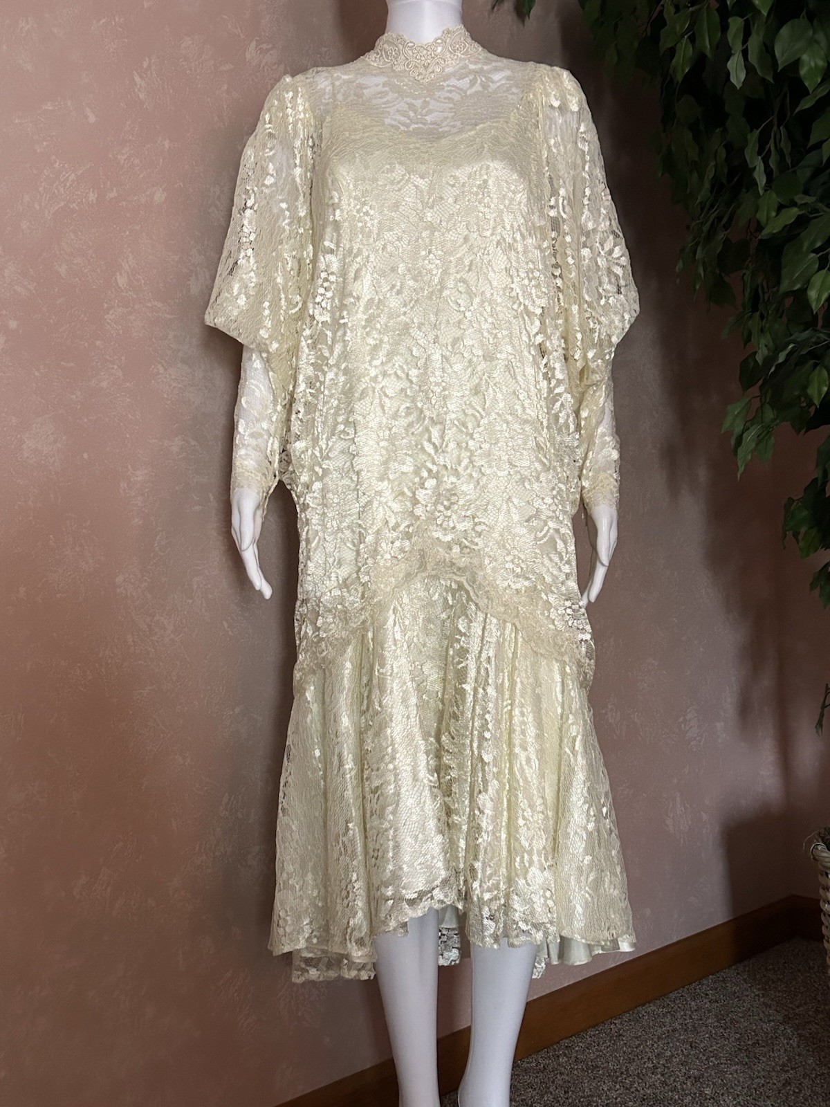 WEDDING DRESS Lace Top Over Mid Calf Satin And Lace Tea Length Dress Size 8