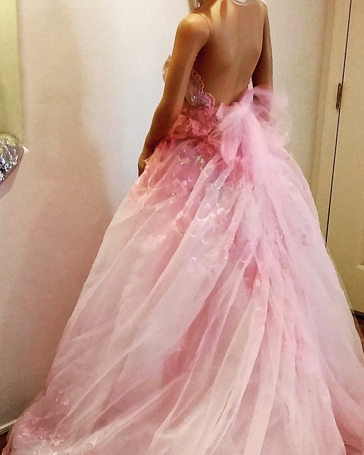 “AMARIS” Pink & White Organza 2 Pc Backless Babydoll Wedding Ballgown Set